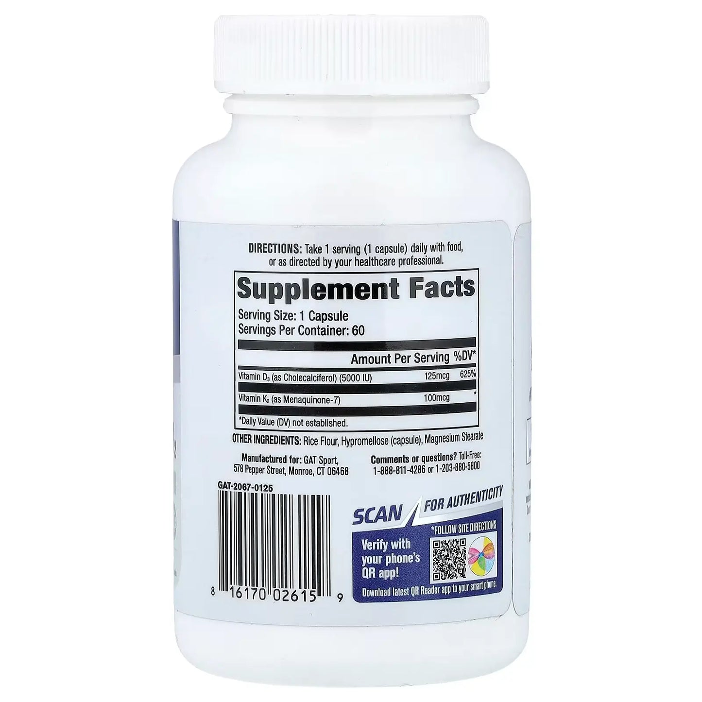 GAT, Sport, Essentials, Vitaminas D3 y K2, 60 cápsulas vegetales