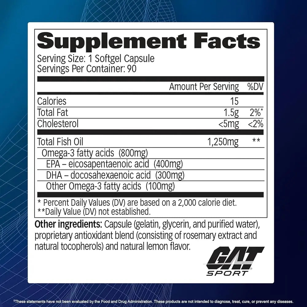 GAT Sport Omega-3 Essentials – Aceite de Pescado Purificado 1250mg (90 Softgels / 90 Serv)