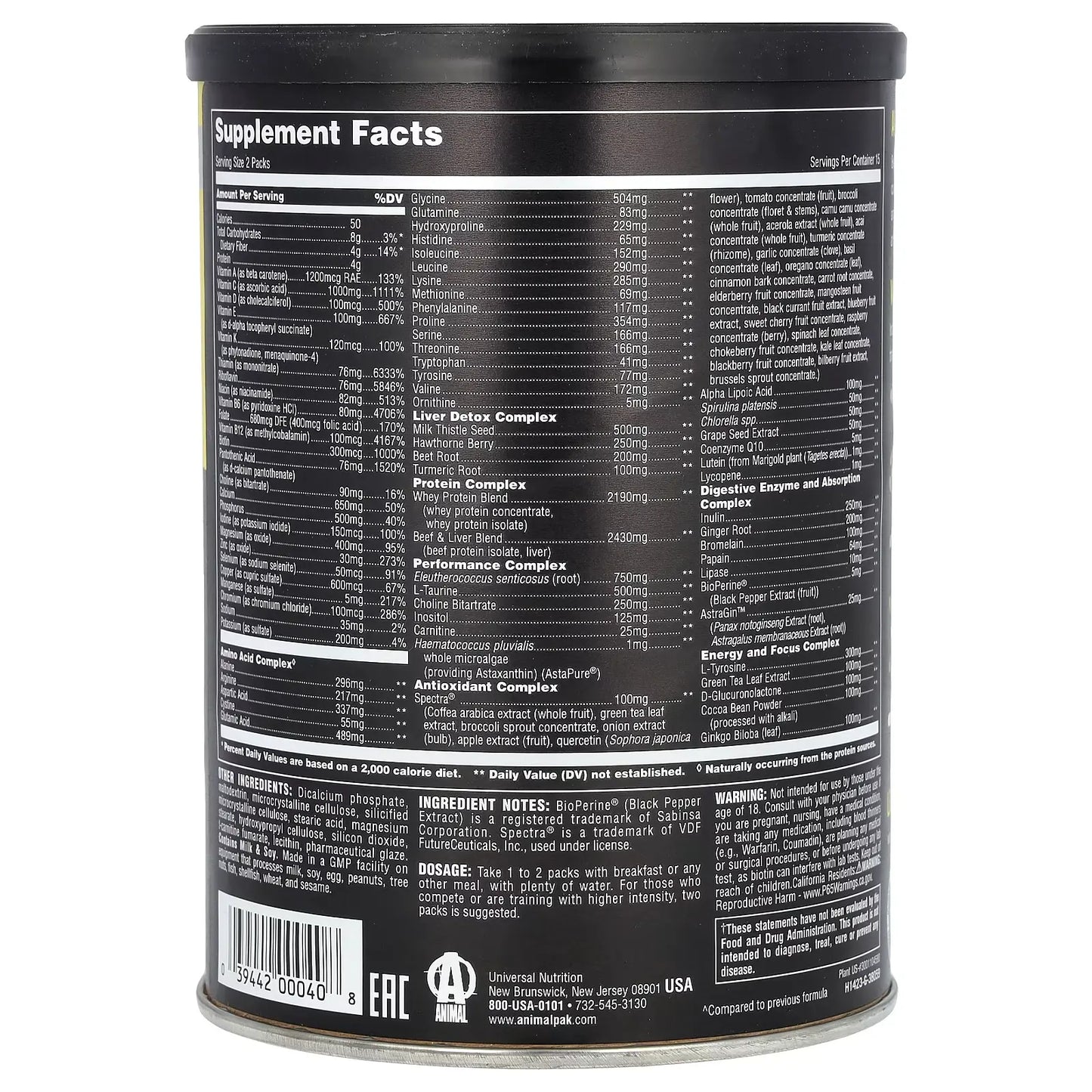 Universal Nutrition Animal Pak – El Multivitamínico y Pack de Rendimiento Definitivo (44 Packs)