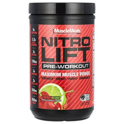 MuscleMeds Nitro Lift – Pre-Workout de Máximo Bombeo y Fuerza (Cherry Lime / 40 Servicios)