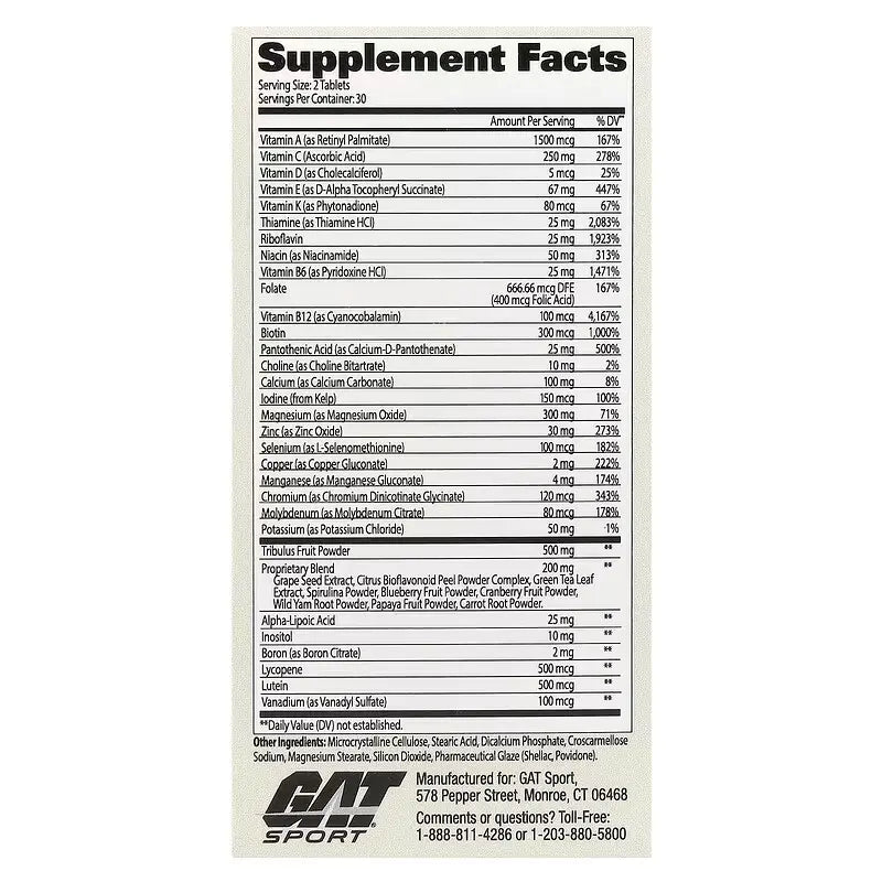 GAT Sport Mens Multi+Test – Multivitamínico con Soporte de Testosterona (60 Tabletas)